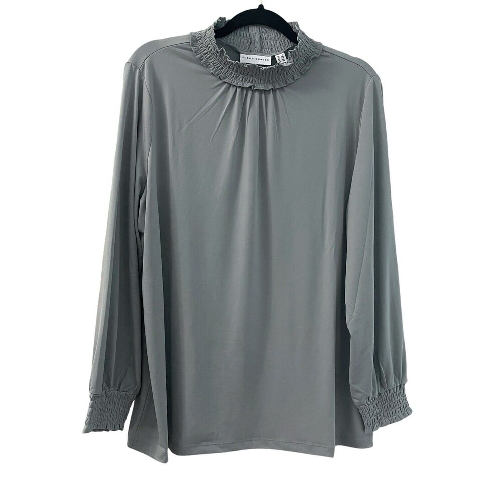 Susan Graver Blouse Women’s Size 1X Gray Mock Neck Stretchy Casual Office